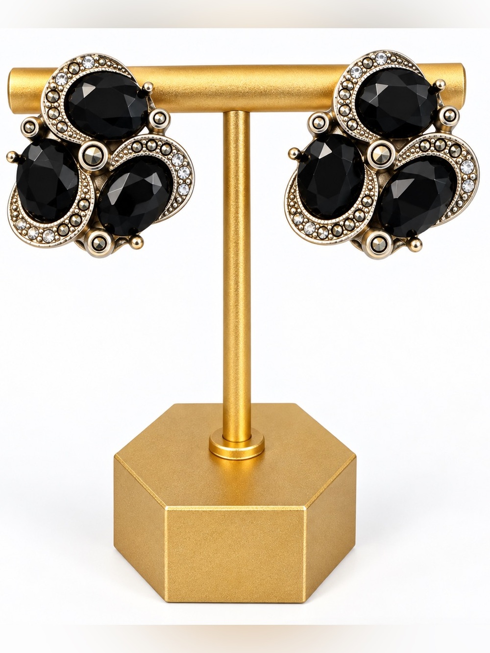 NOS Vintage 1928 Black Crystal Rhinestone Clip-On Earrings Made in USA